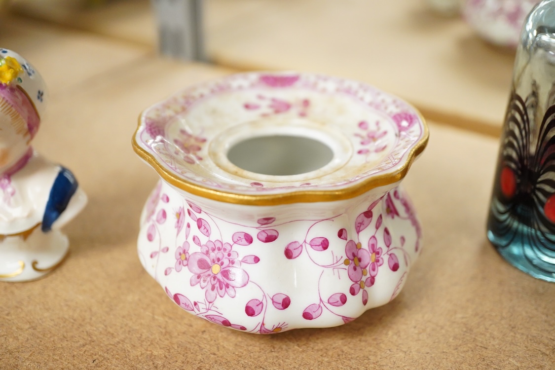 Two Paris porcelain miniatures of the Descent from the Cross, a Meissen inkwell, Staffordshire miniature busts etc, largest 13.5cm high